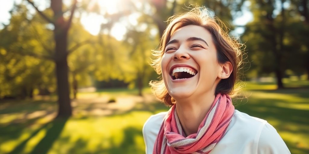 Vrolijke persoon die hartelijk lacht in de natuur.