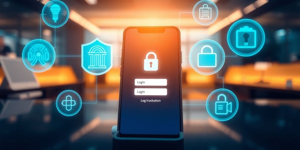 Futuristic smartphone with secure login and security icons.