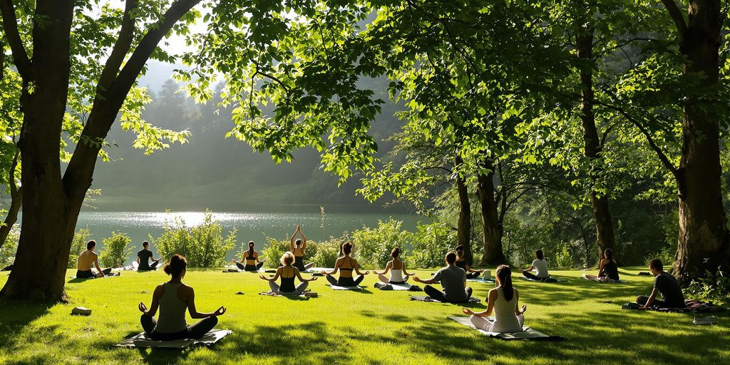 People meditating by a peaceful lake in nature.