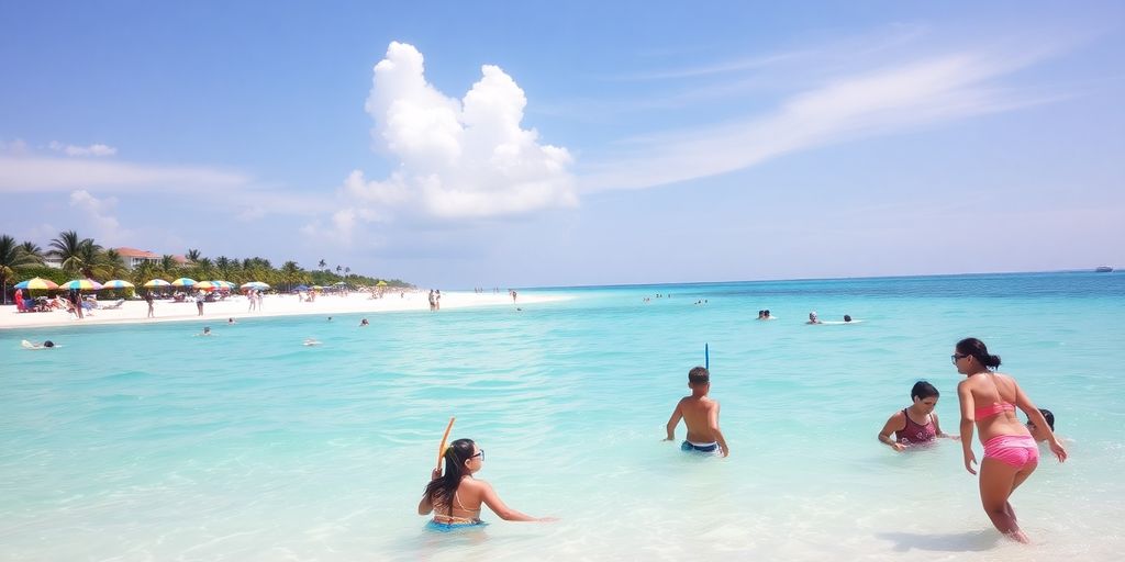 Families enjoying activities on a sunny Bahamian beach.