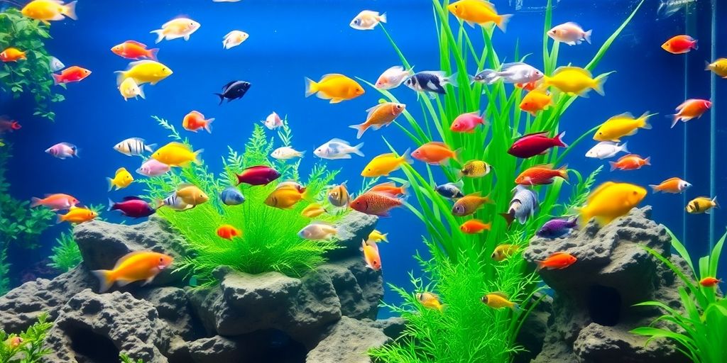 Makukulay na freshwater fish sa isang masaganang aquarium setting.