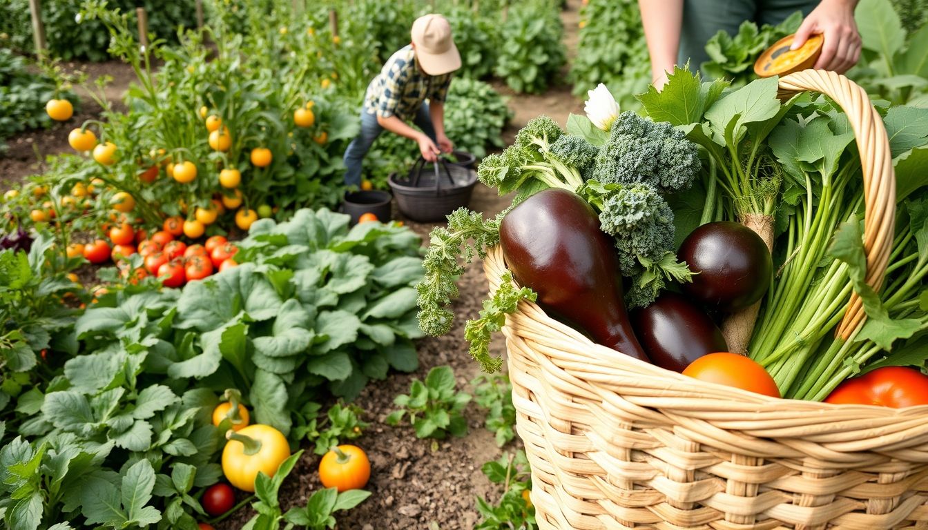 Gardener harvesting organic vegetables in a lush garden.