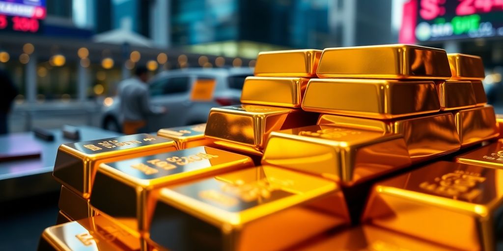 Des lingots d'or empilés brillants.