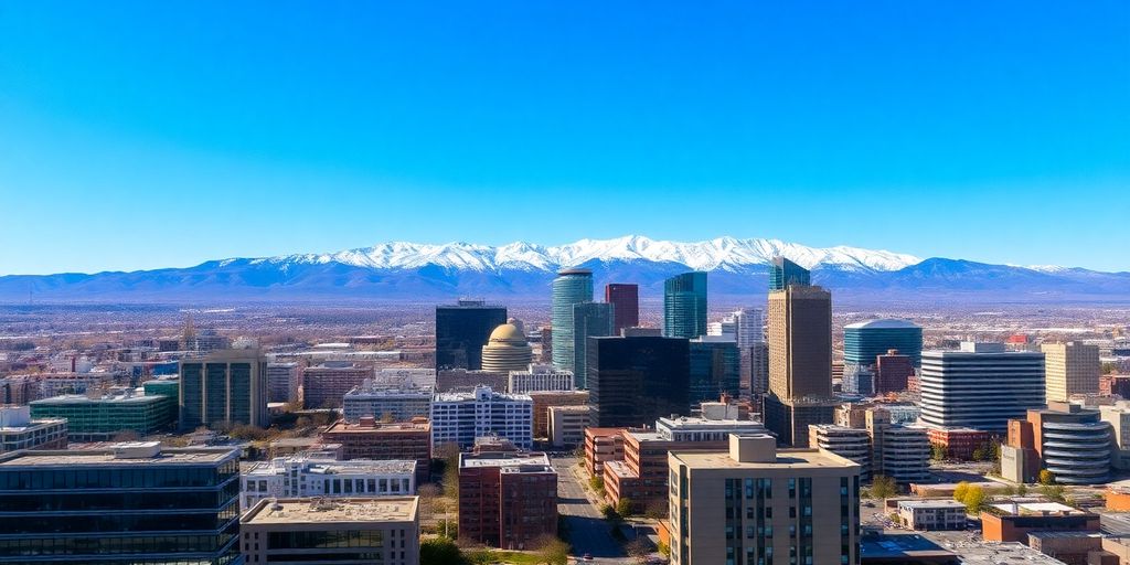 Denver skyline with snowy mountains