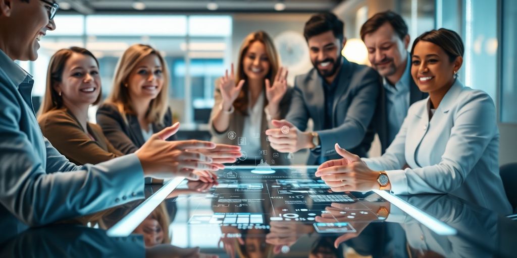 Diverse professionals collaborating around a bright, futuristic table.