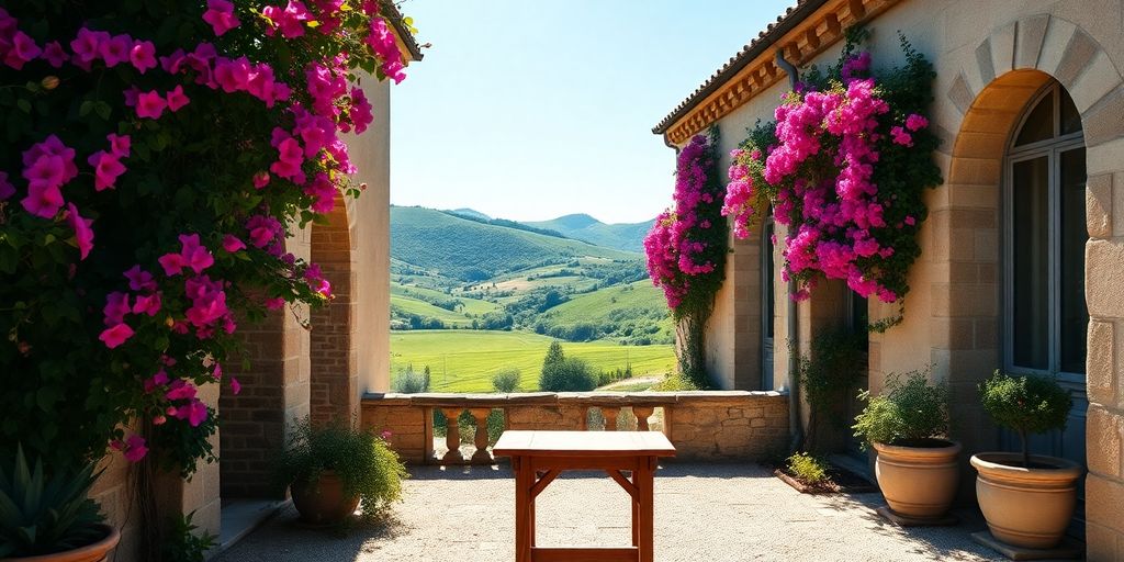 Patio elegante de un lugar de bodas francés con arcos.