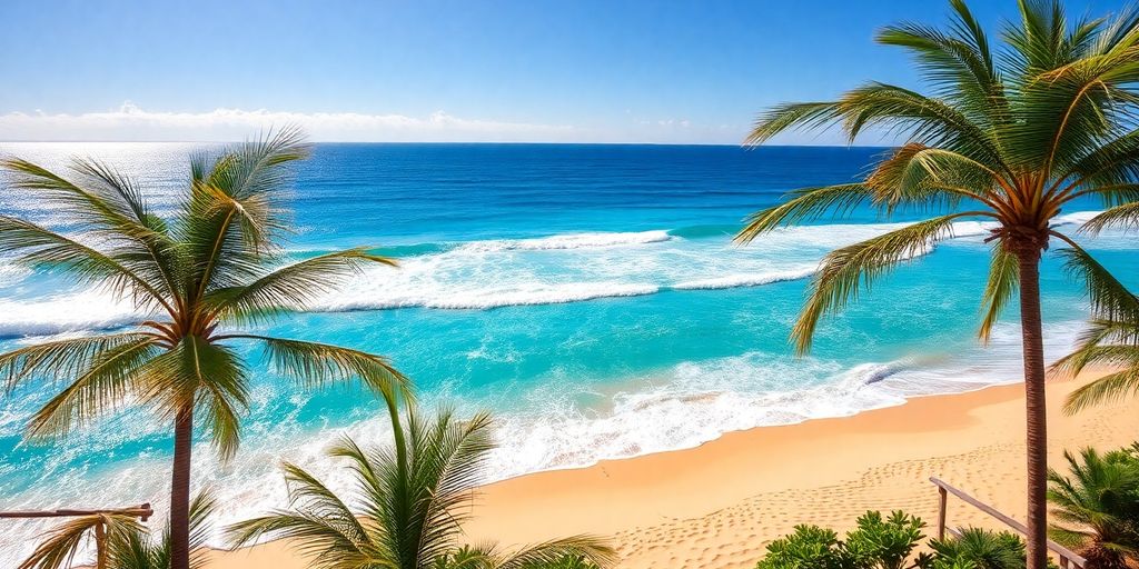 Beautiful Cabo San Lucas beach with palm trees and ocean.
