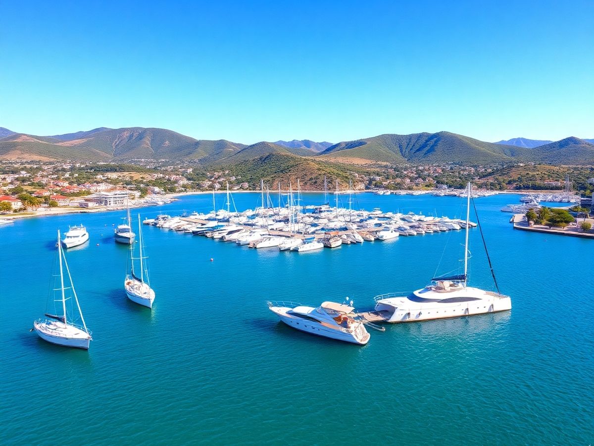 Sunlit marina with yachts and distant green hills.