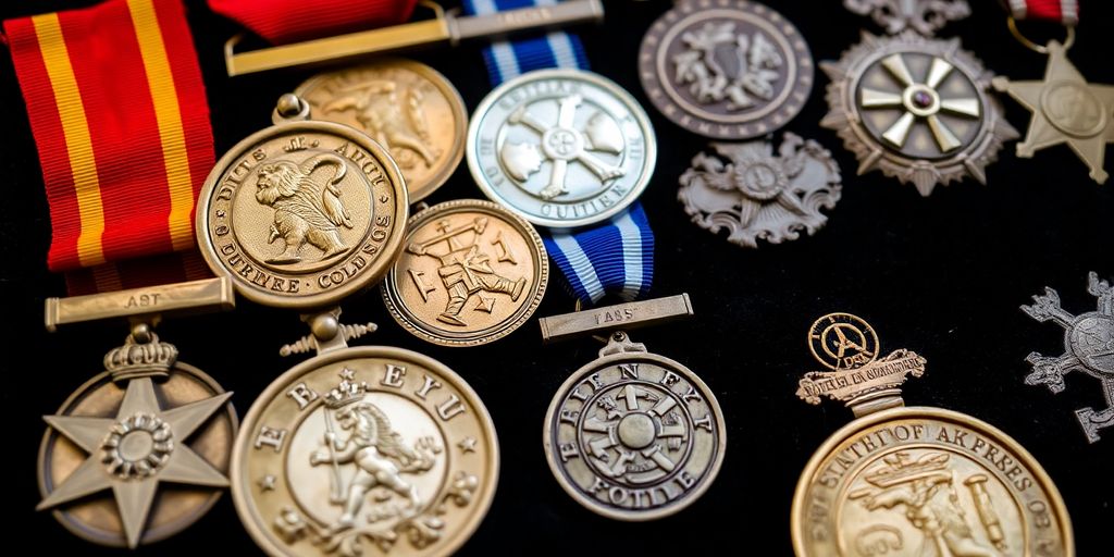 Collection of vintage medals and militaria on display.