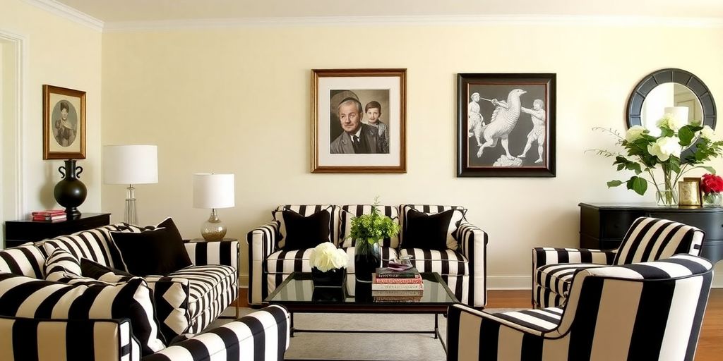 Living room with black and white striped upholstery fabric.