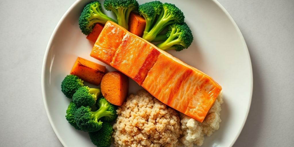 Colorful, balanced dinner plate with salmon, vegetables, and grains.