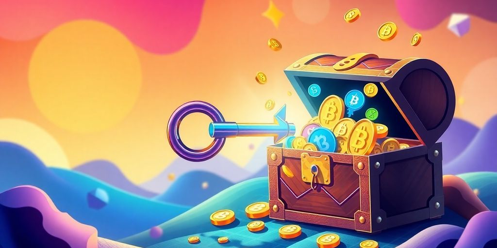 Stylized key unlocking treasure chest of cryptocurrencies.