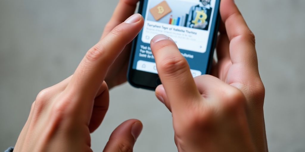 Person's hand holding phone, while another hand points at screen.