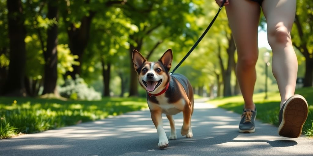 Happy dog being walked in Double Bay park.