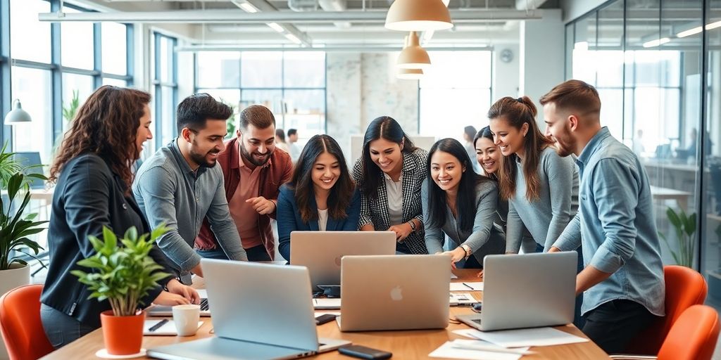 Group of diverse entrepreneurs collaborating in a modern office.