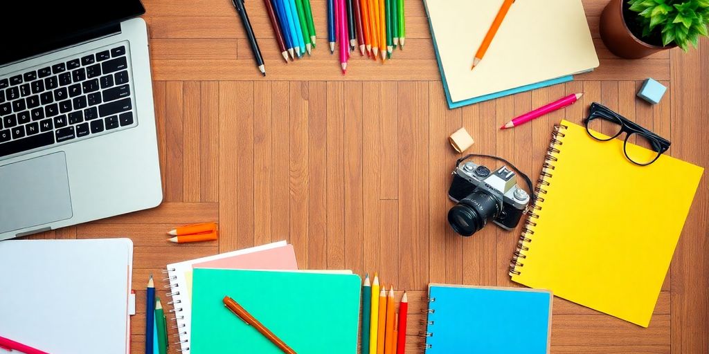 Flat lay of creative materials for content creation.