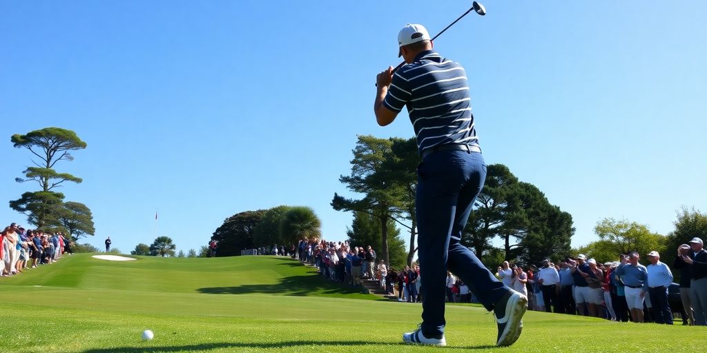 Golfer swinging on a sunny PGA golf course.
