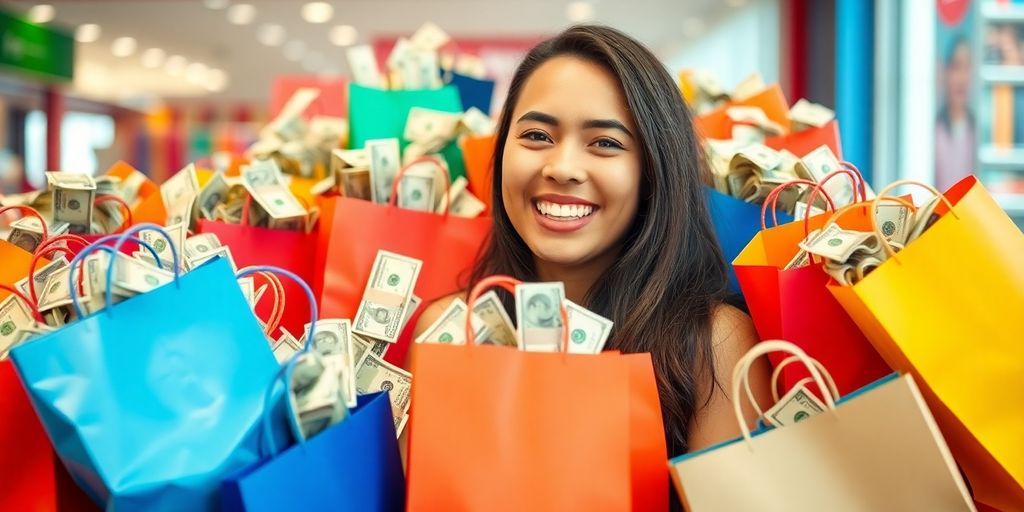 Homem sorrindo com sacolas de compras cheias de dinheiro.