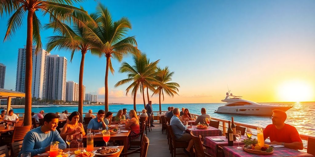 Outdoor Aventura waterfront dining with Latin American dishes at sunset