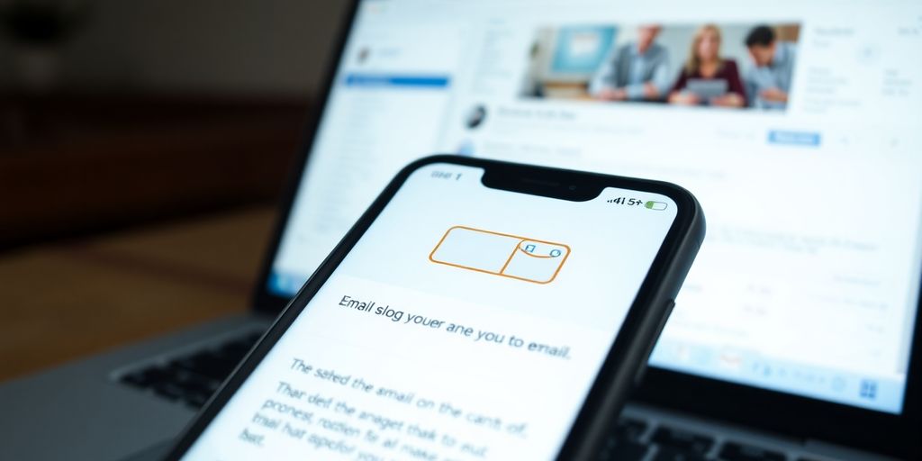 Uma pessoa enviando um e-mail de um smartphone para um computador.