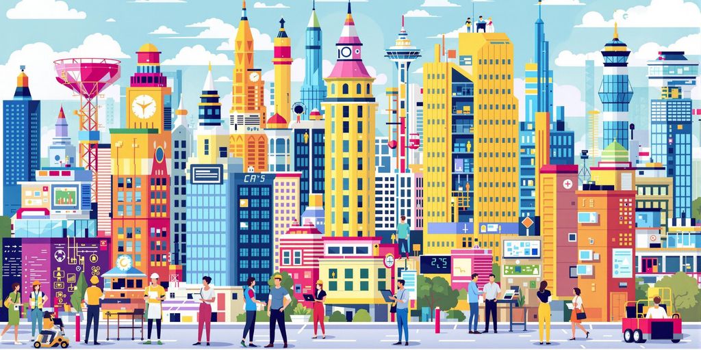 Arbeitsmarkt 2025: Welche Branchen boomen und wo fehlen Fachkräfte? Vibrante Stadtansicht mit Fachkräften in Technologiebranchen.