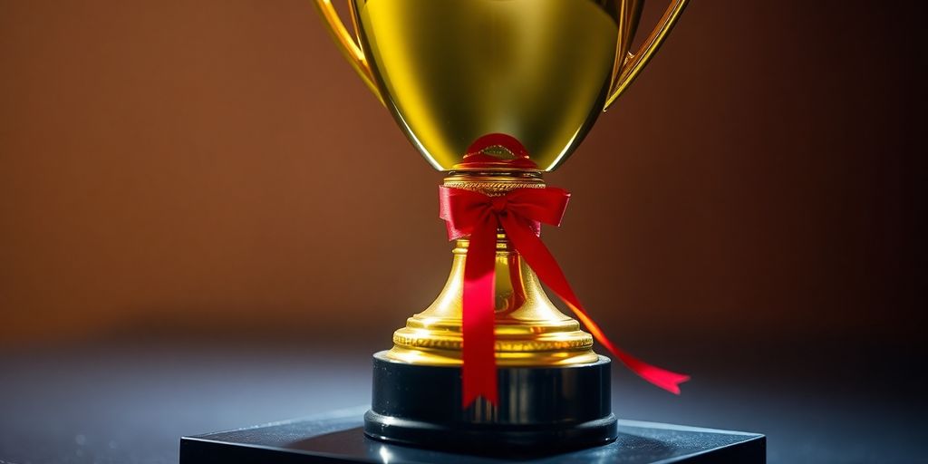 Golden trophy with a red ribbon, spotlighted and illustrative.