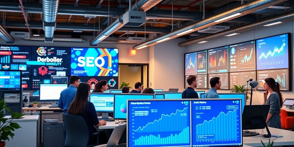 Profissionais de marketing digital em ambiente moderno.