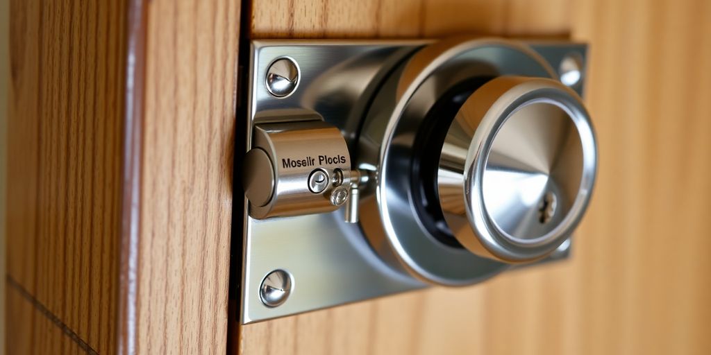 Close-up of a mortise lock on a wooden door.