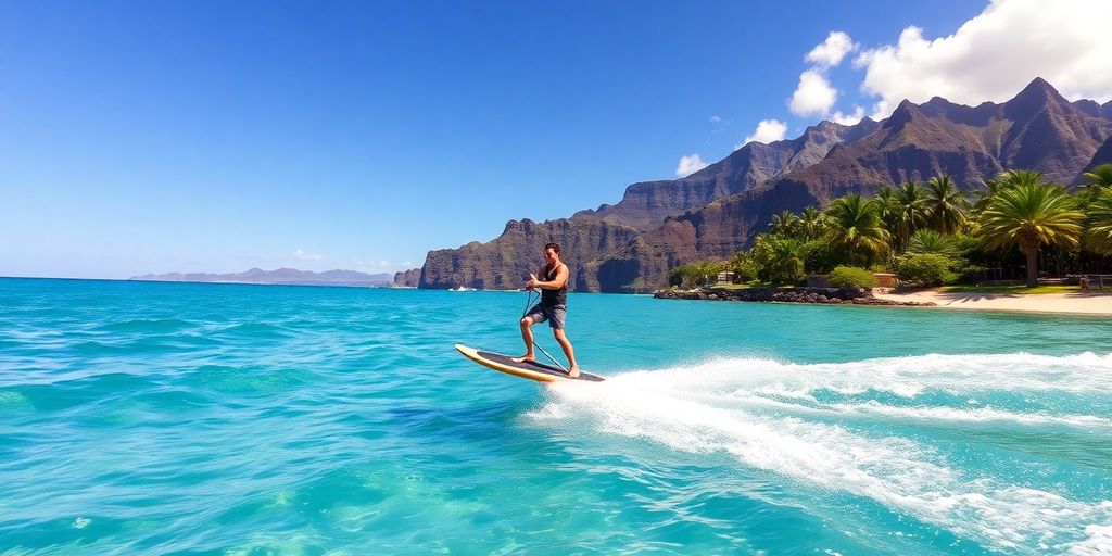 Rider on electric hydrofoil board skimming turquoise waters off Maui.