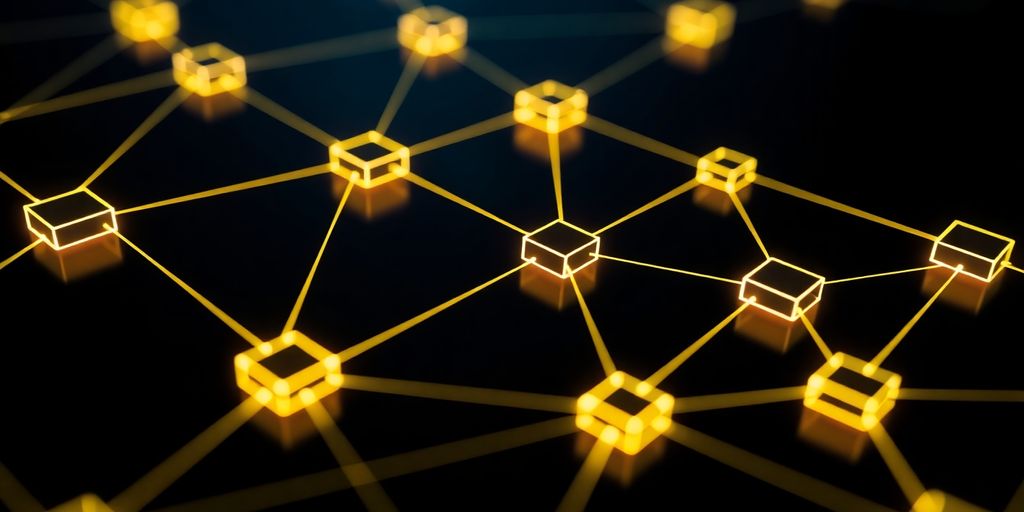 Blockchain network visualization with interconnected glowing blocks.