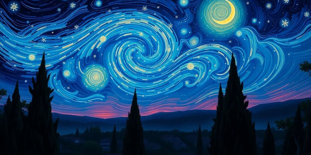 Swirling sky over a village.