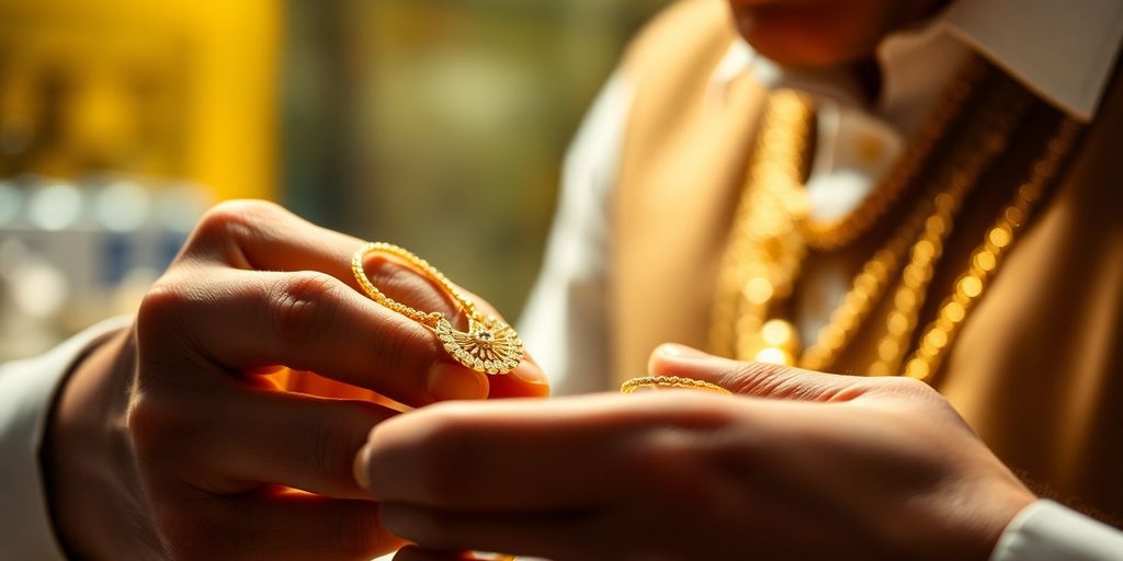 Acheteur d'or examinant des bijoux en or.
