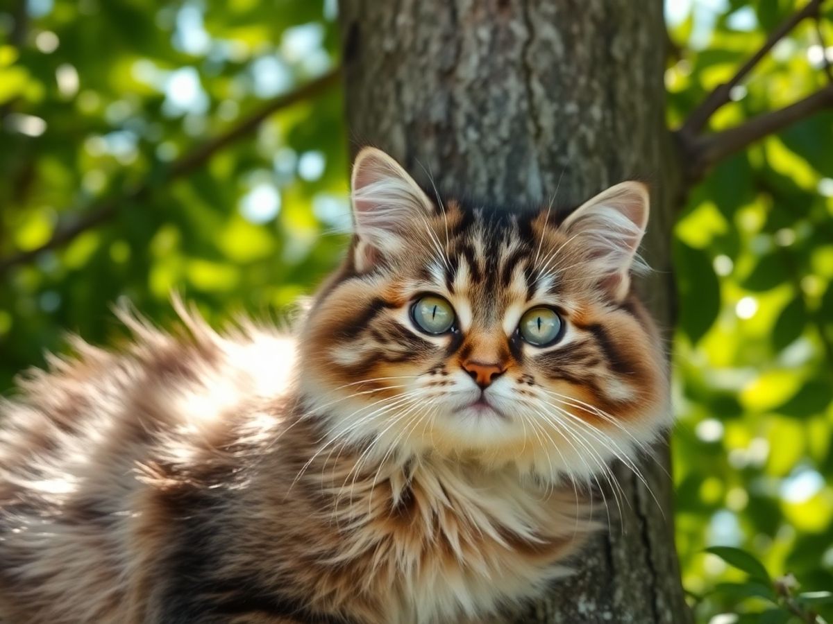Gato esfregando-se em uma árvore.