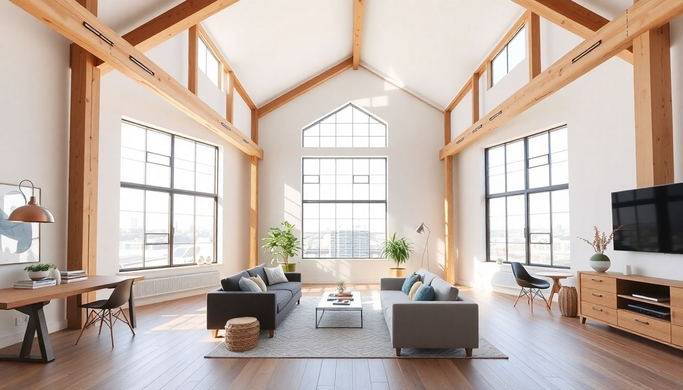 Stylish modern loft with wooden beams and large windows.