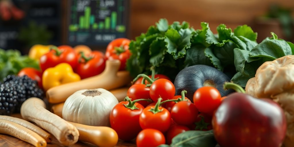 Fresh farm produce with digital technology elements in background.
