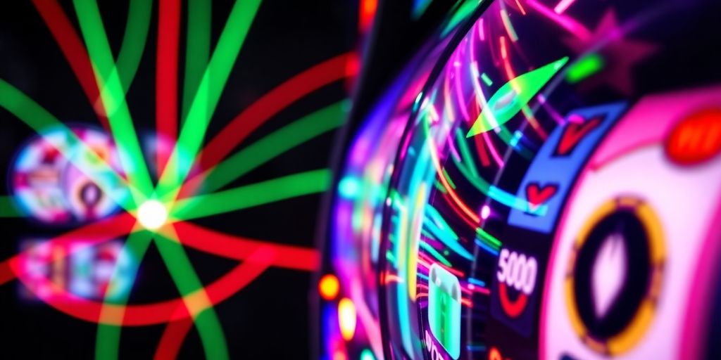 Slot machine reels with glowing paylines.