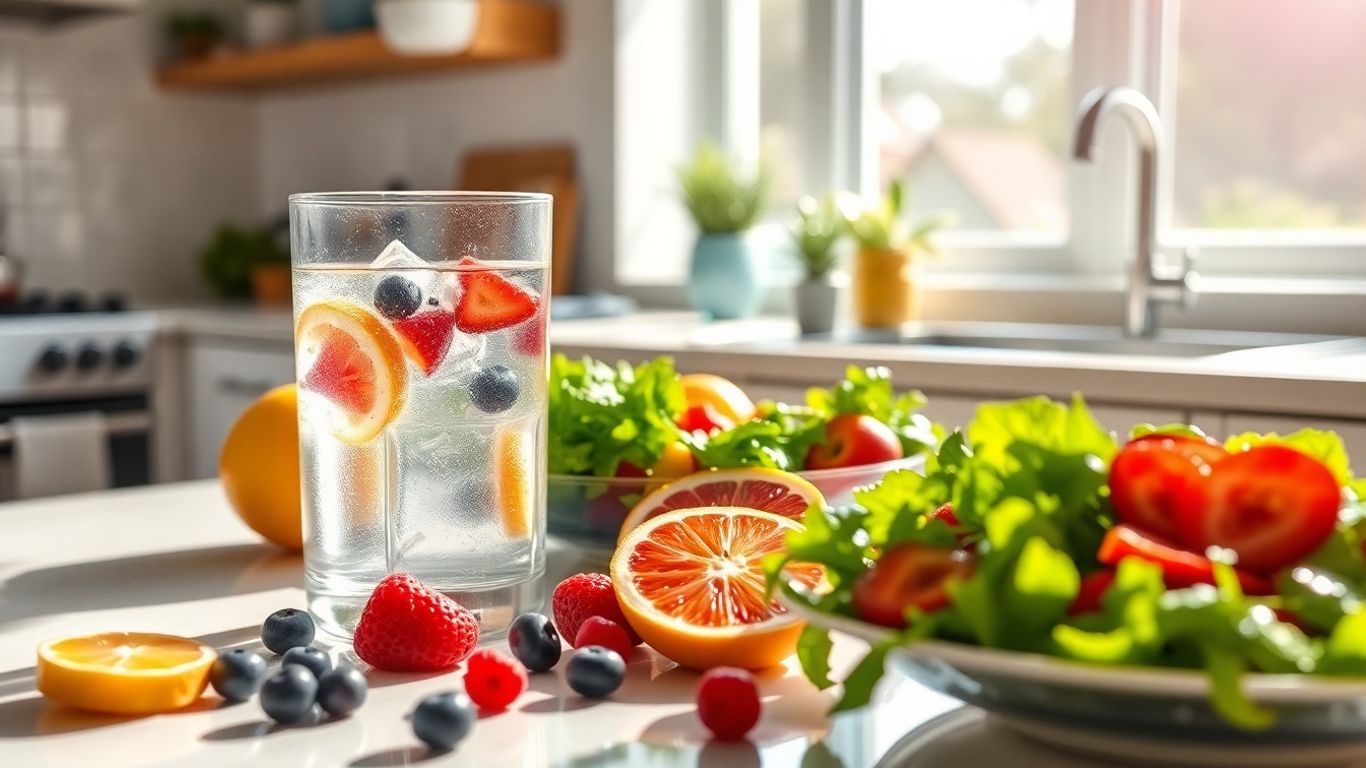 Healthy food and water on a kitchen counter