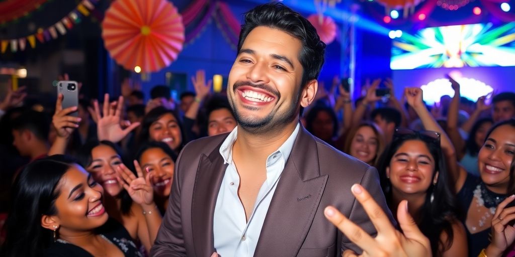 Amado Batista sorrindo com fãs em evento alegre.