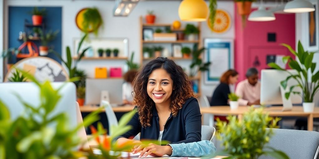 Smiling employee in a bright, collaborative office environment.