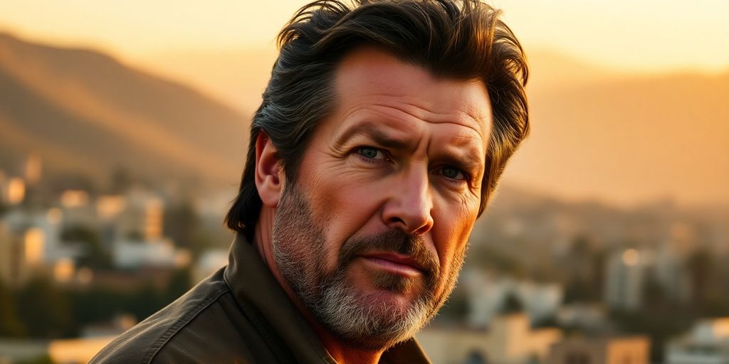 Michael Madsen with intense gaze, Hollywood backdrop