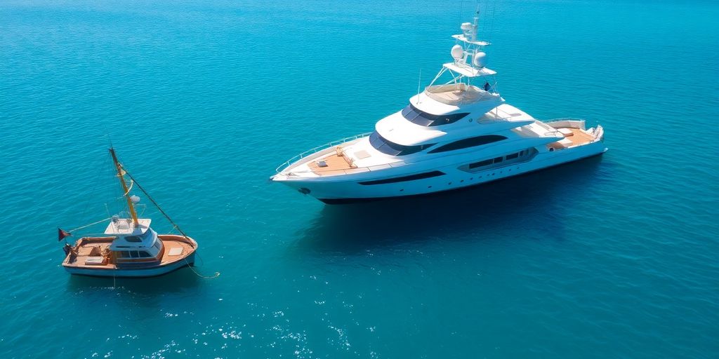 Sleek yacht alongside smaller boat, ocean backdrop.