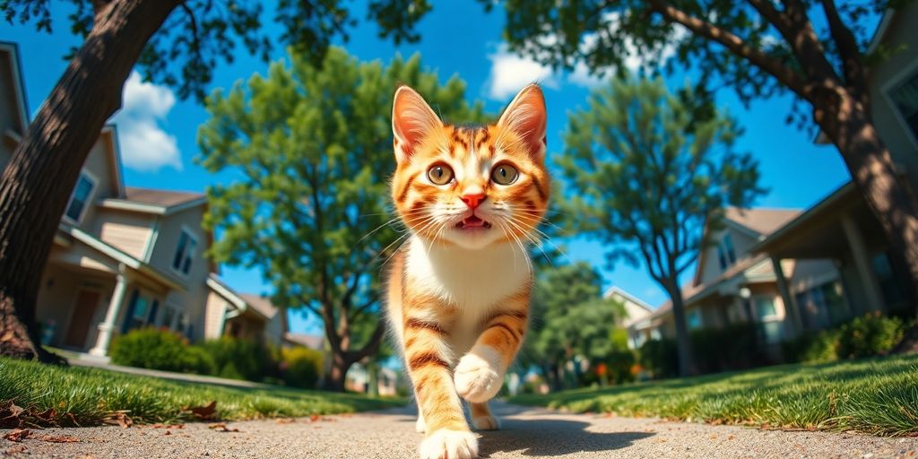 Cat exploring a new neighborhood with curious expression.