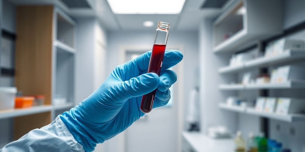A close-up of a hand holding a test tube filled with blood.