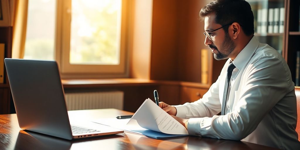 Bangalore real estate lawyer working in office.