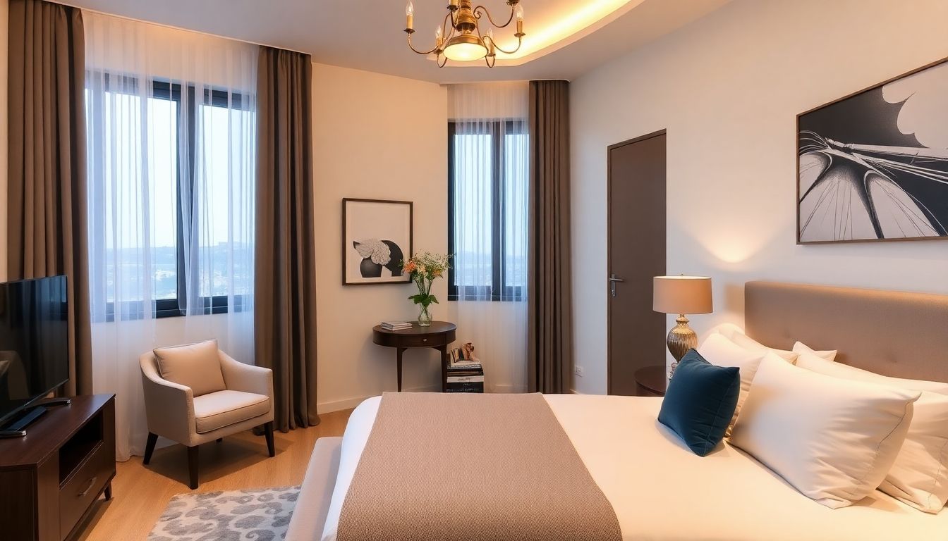 Modern bedroom with stylish decor and soft lighting.