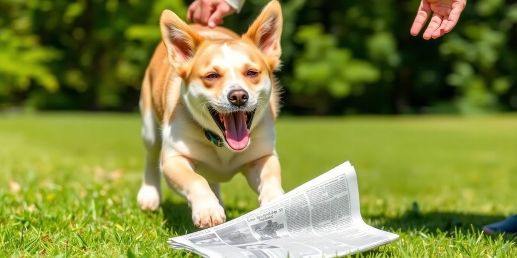 Dog fetching a newspaper in a sunny backyard.