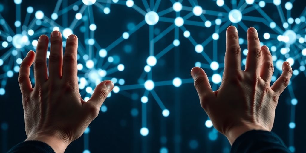 Person interacting with glowing digital brain network.