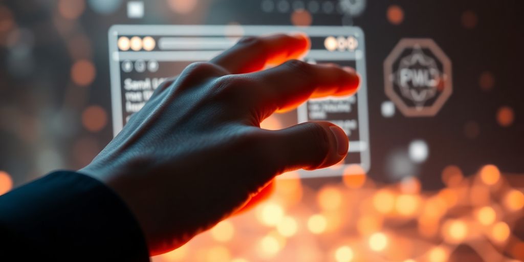 Sleek interface, glowing AI, human hand.
