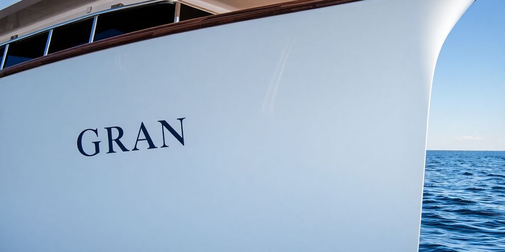 Close-up of a Grand Banks yacht's hull.