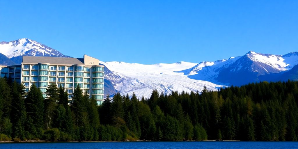 A modern hotel with a view of a Juneau glacier.